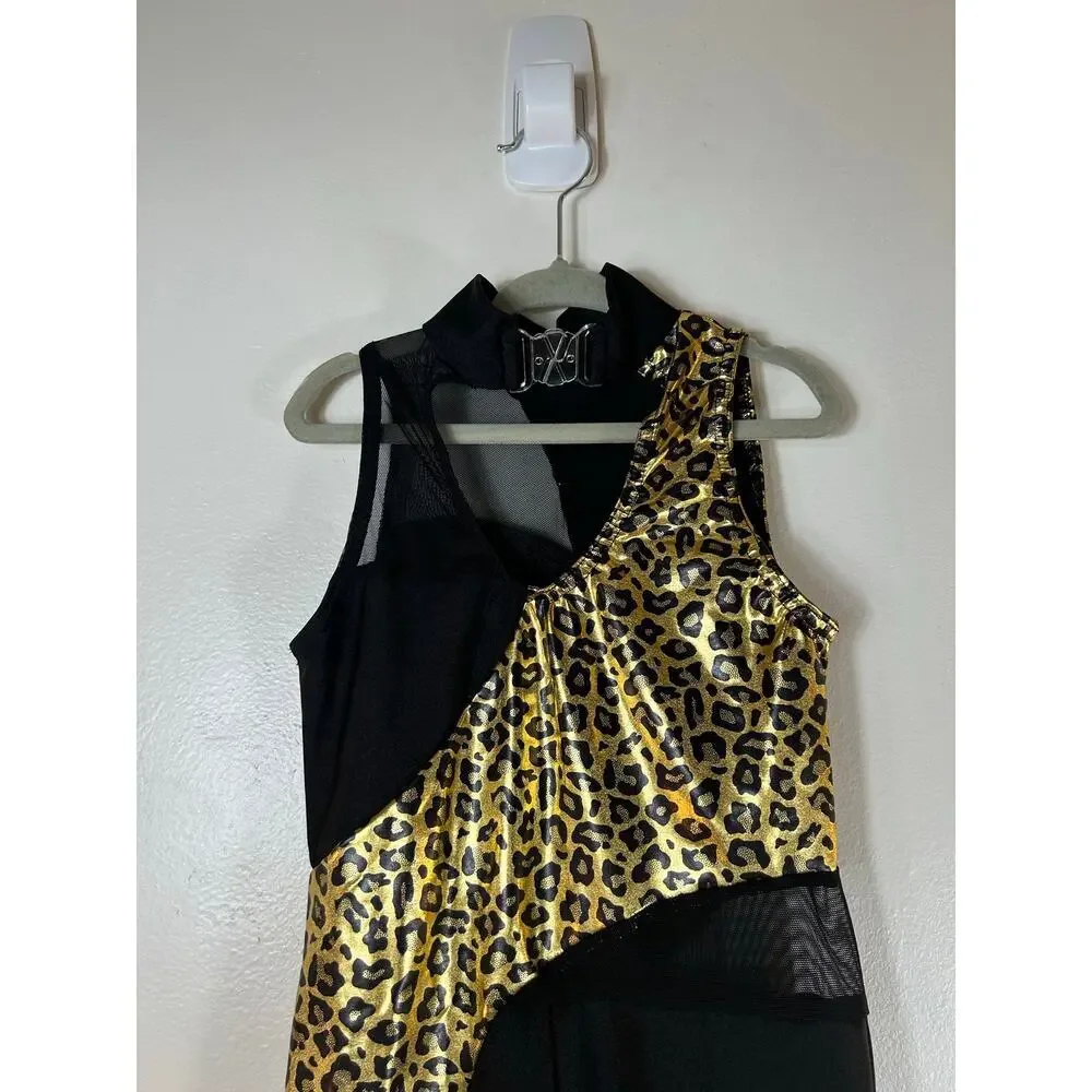 A WISH COME TRUE Girl’s Black/Gold Cheetah Print Dance Leotard / Size: MC Medium